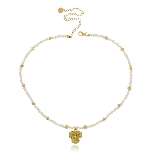 Colar Pérolas Quadradinhos Lisos Flor Ponto de Luz