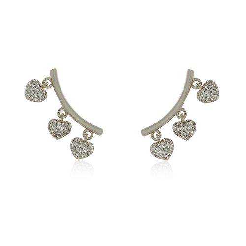 Ear Cuff Palito Três Corações Cravejados Pendurados