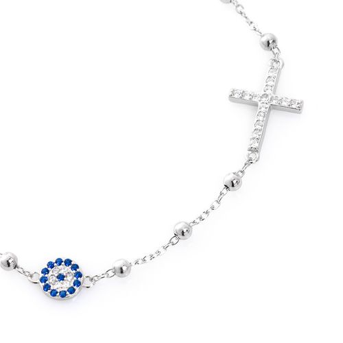 Pulseira Charlotte Bolinhas Olho Grego Cruz Cravejada