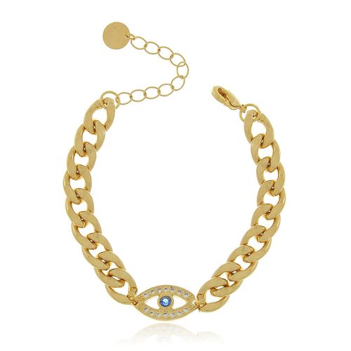 Pulseira Elos Grossos Batidos Olho Grego Cravejado