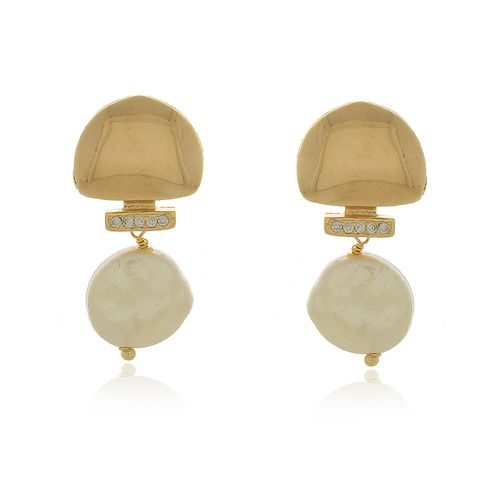 Brinco Metade Círculo Liso Cravejado Madrepérola