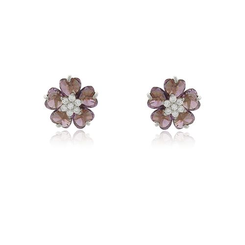 Brinco Flor Pétala Pedra Coração Miolo Cravejado