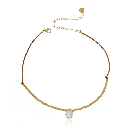 Choker Pedra Gota Couro Canutilhos Brilhosos