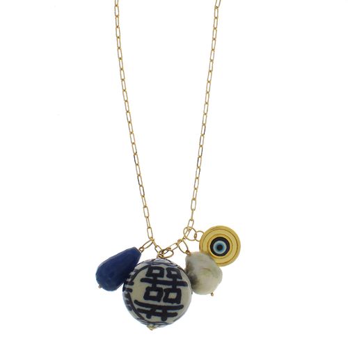 Colar Longo Olho Grego Pérola Pedra Gota Murano
