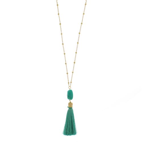 Colar Longo Corrente Bolinhas Pedra Tassel Franjas