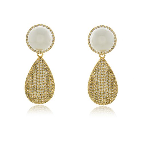 Brinco Pérola Alta Volta Cravejada Gota Pendurada Cravejada