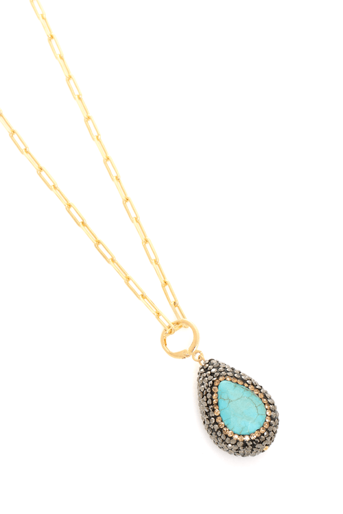 Colar Carty Longo Pedra Gota Turquesa Cravejada