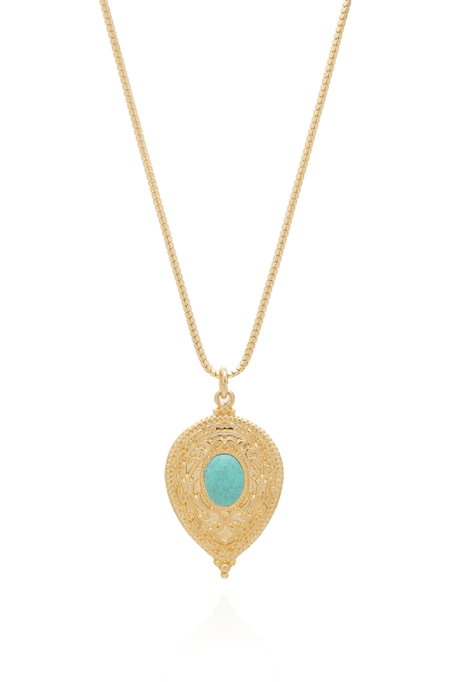 Colar Longo Gota Trabalhada Pedra Oval Turquesa