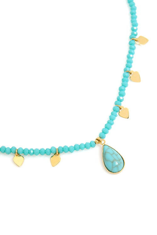 Choker Cristais Pedra Gota Turquesa Corações Pendurados