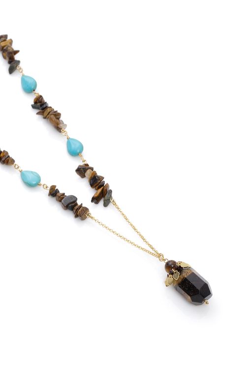 Colar Longo Cascalhos Olho de Tigre Pedra Gota Turquesa