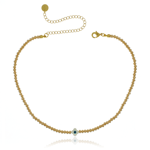 Choker Cristais Flor Olho Grego Madrepérola Entre Duas Bolinhas Lisas
