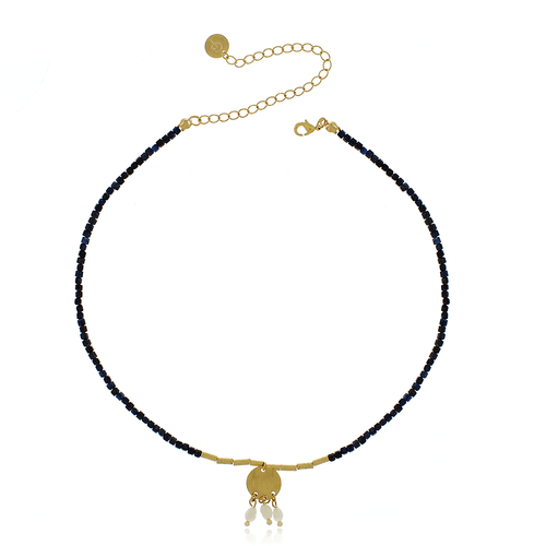 Choker Cristais Canutilhos Placa Círculo Pérolas Arroz Penduradas