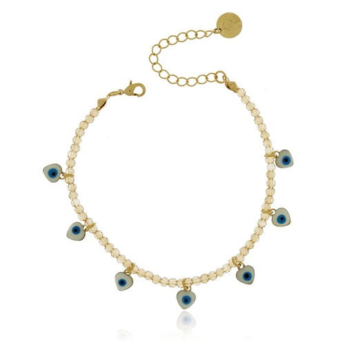 Pulseira Cristais Corações Madrepérolas Pendurados