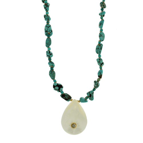 Colar Longo Pedras Turquesas Gota Madrepérola Ponto de Luz