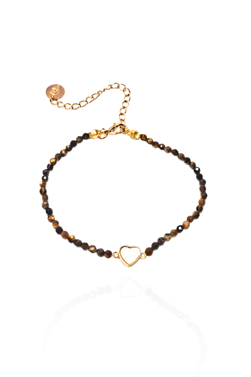 Pulseira Cristais Olho de Tigre Coração Madrepérola
