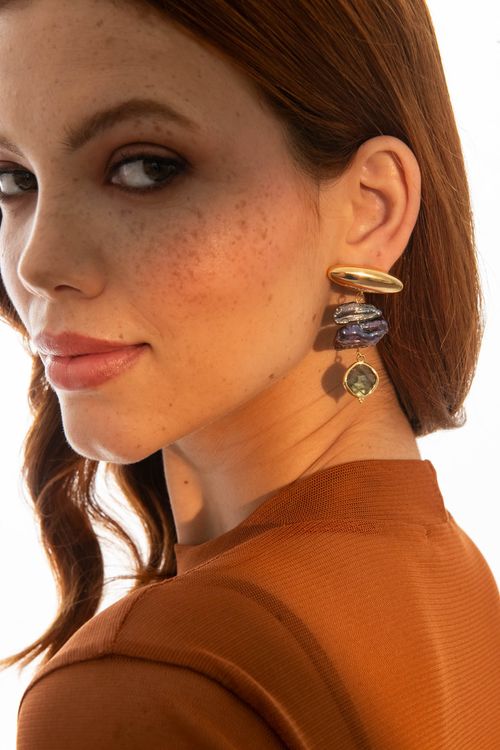 Brinco Oval Liso Pérolas Black Pedra Losango