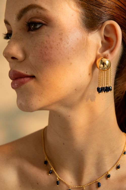 Brinco Botão Correntes Pérolas Black Penduradas