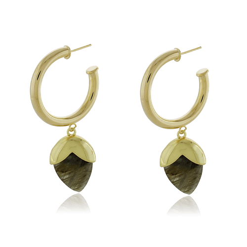 Argola Tubular Pedra Gota Natural Base Desenhada