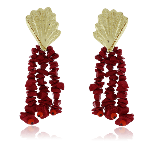 Brinco Algas Trabalhadas Pedras Corais Vermelho