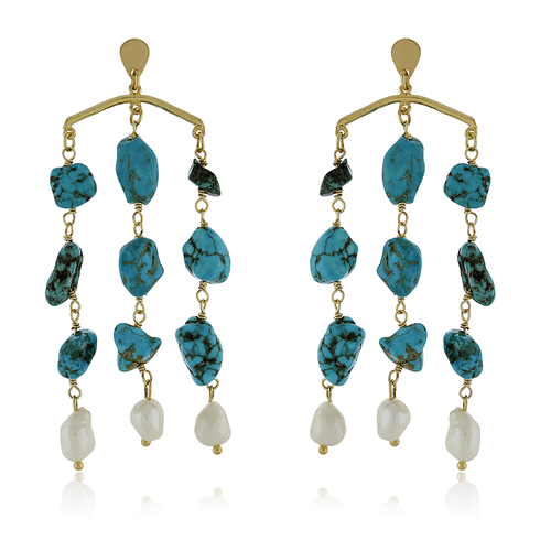 Brinco Gota Lisa Pedras Turquesas Pérolas Penduradas