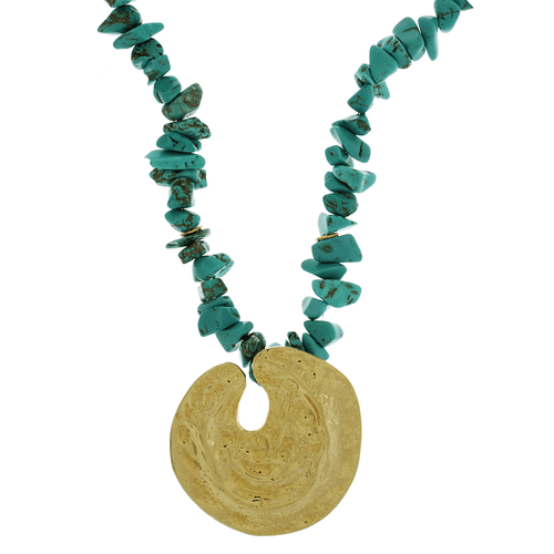 Colar Longo Cascalhos Turquesa Círculo Martelado