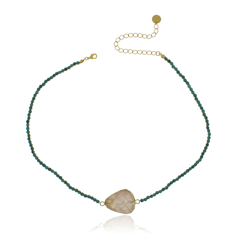 Colar Cristais Turquesa Rondelas Pedra Natutal Volta Lisa