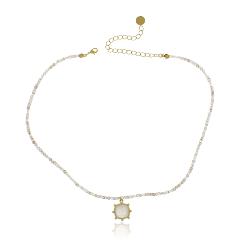 Colar Cristais Pedra Quadrada Quartzo Rosa Pontos de Luz