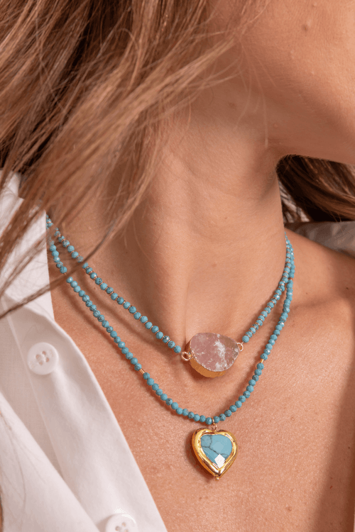 Colar Cristais Coração Turquesa Volta Lisa