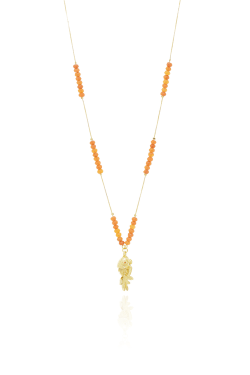 Colar Veneziana Cristais Jade Laranja Peixe Trabalhado