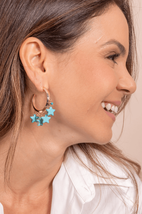 Argola Estrelas Turquesas Cristais Pendurados
