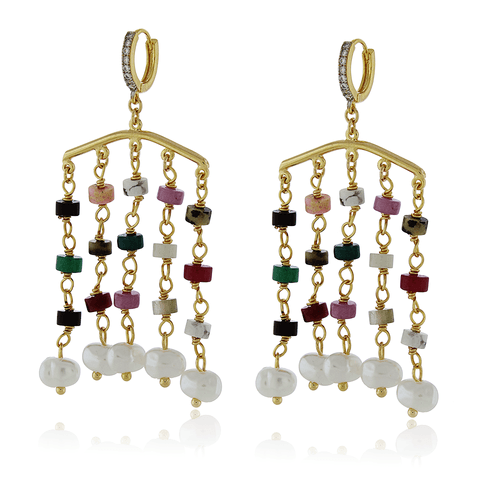 Argola Metade Cravejada Pedras Naturais Pérolas Penduradas