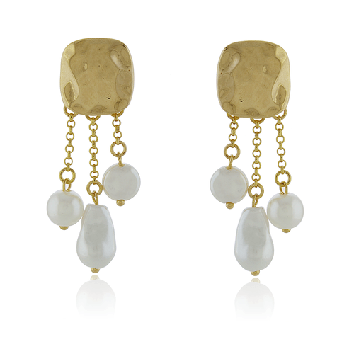 Brinco Quadrado Martelado Correntes Pérolas Penduradas