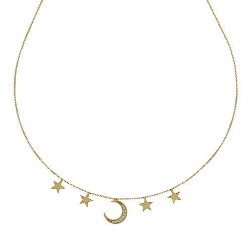 Colar Lua Cravejada Estrelas Lisas