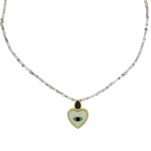 Colar Cristais Ametista Pedra Gota Olho Grego Coração Volta Cravejada