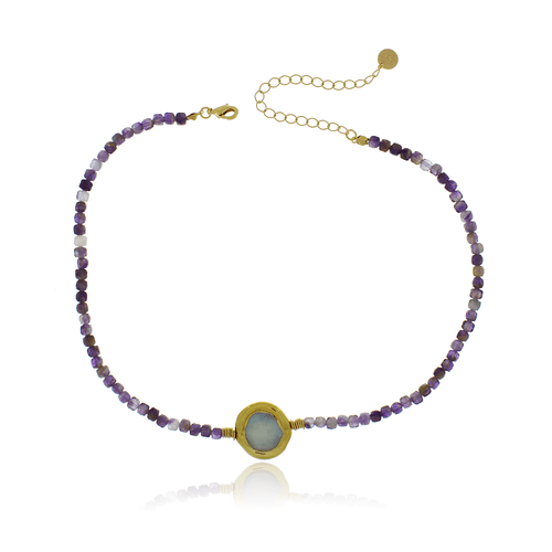 Colar Quadradinho Pedra Ametista Pérola Volta Lisa Rondelas