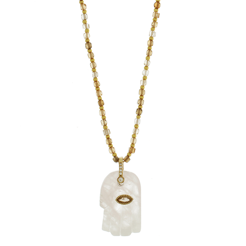 Colar Veneziana Cristais Fumê Quartzo Rosa Mão de Fátima