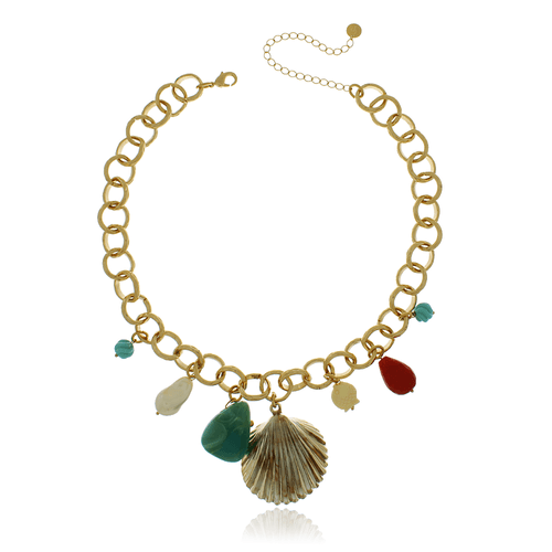 Colar Elos Círculos Concha Pingentes Resina