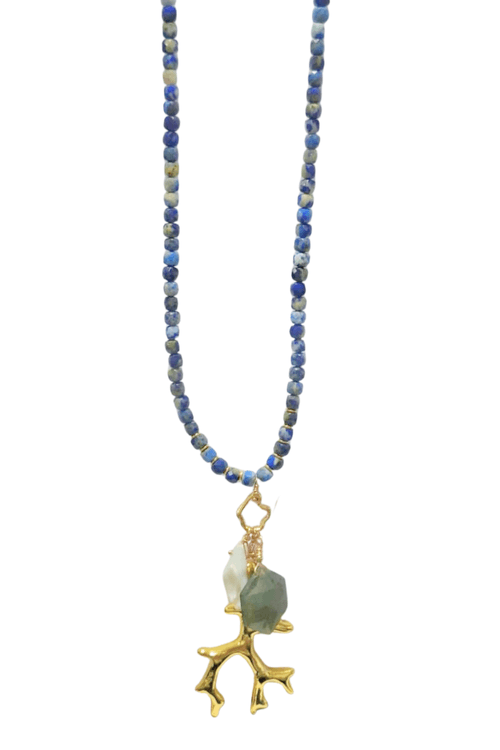 Colar Longo Carty Cristais Safira Galho Pedra Pérola