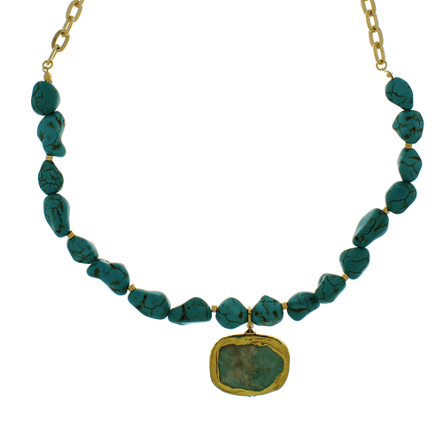 Colar Elos Ovais Batidos Pedras Turquesa Pedra Natural Volta Lisa