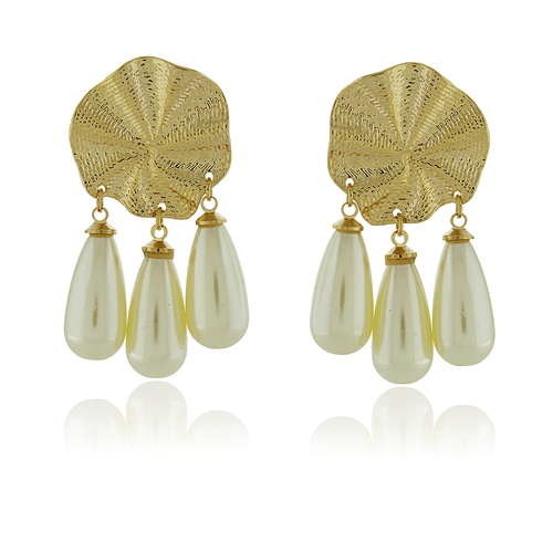 Brinco Círculo Ondulado Trabalhado Três Pérolas Gota