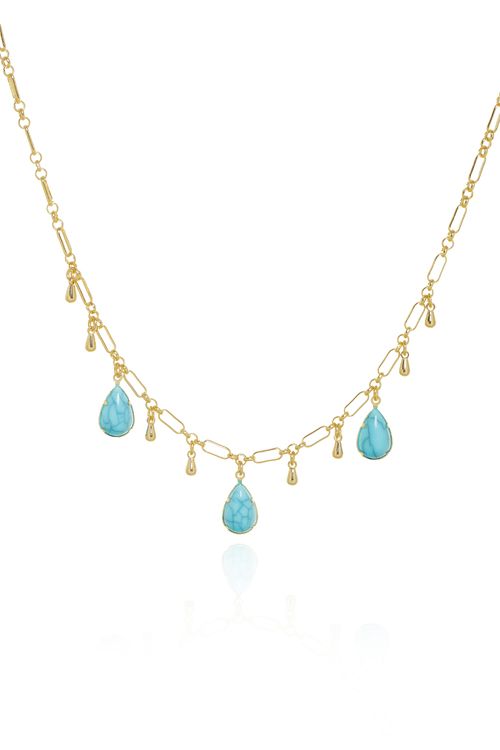 Colar Elos Gotas Lisas Pedras Turquesas