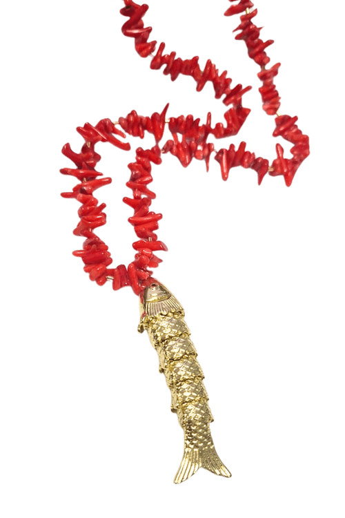 Colar Longo Cascalho Jasper Coral Peixe Trabalhado