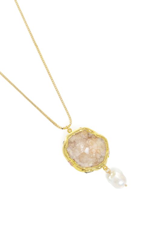 Colar Longo Pedra Quartzo Drusa Pérola