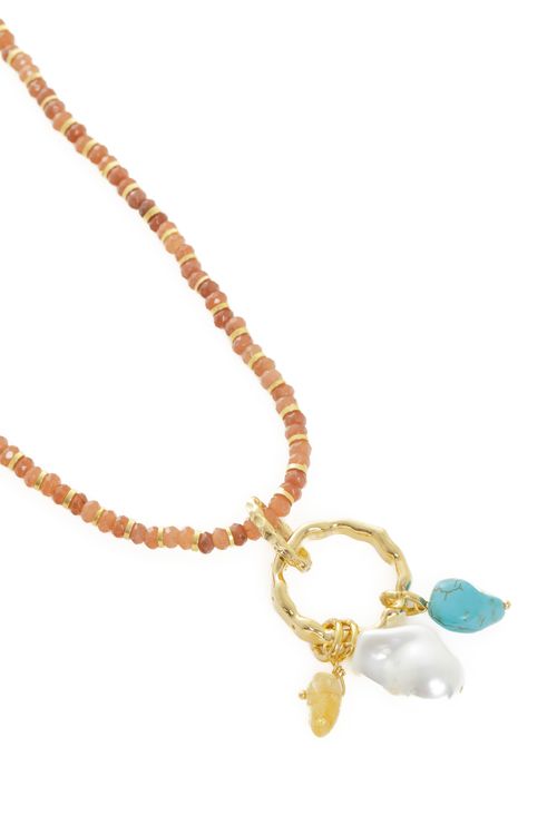 Colar Cristais Jade Círculo Trabalhado Pedra Citrino Turquesa Pérola